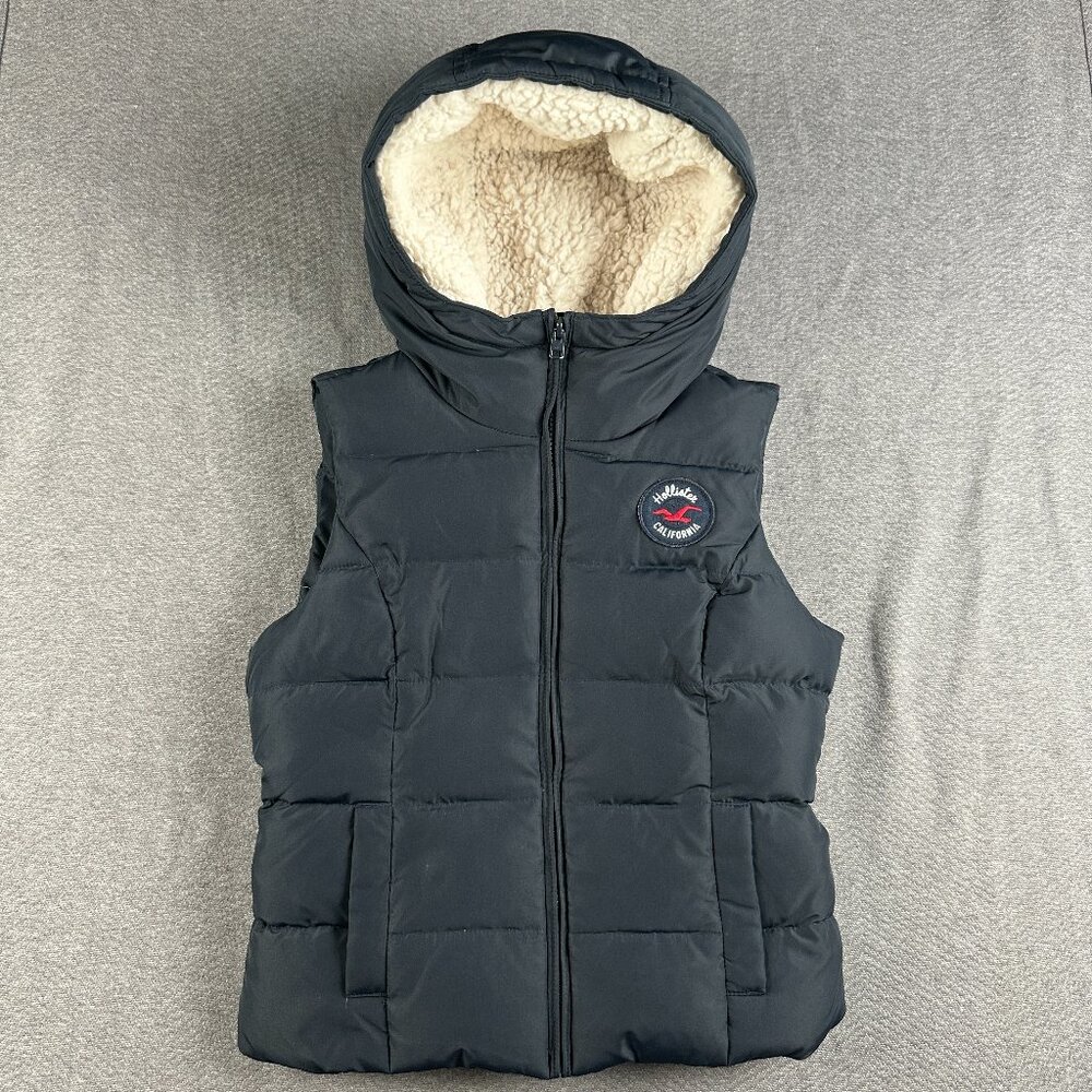 Y2K Hollister Sherpa Lined Puffer Vest Hooded Black Down Feather Jacket Sz Small